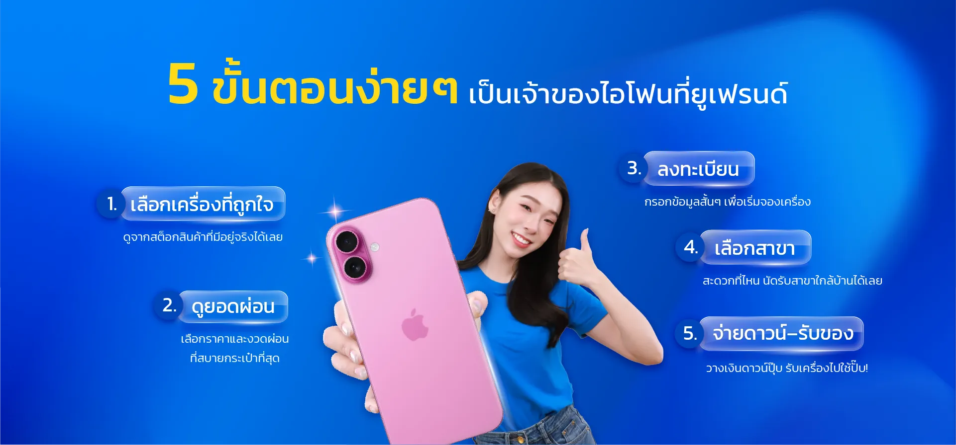 5 ขั้นตอนง่ายๆ เป็นเจ้าของไอโฟนที่ยูเฟรนด์ 1. เลือกเครื่องที่ถูกใจ ดูจากสต็อกสินค้าที่มีอยู่จริงได้เลย 2. ดูยอดผ่อน เลือกราคาและงวดผ่อน ที่สบายกระเป๋าที่สุด 3. ลงทะเบียน กรอกข้อมูลสั้นๆ เพื่อเริ่มจองเครื่อง 4. เลือกสาขา สะดวกที่ไหน นัดรับสาขาใกล้บ้านได้เลย 5. จ่ายดาวน์–รับของ วางเงินดาวน์ปุ๊บ รับเครื่องไปใช้ปั๊บ!