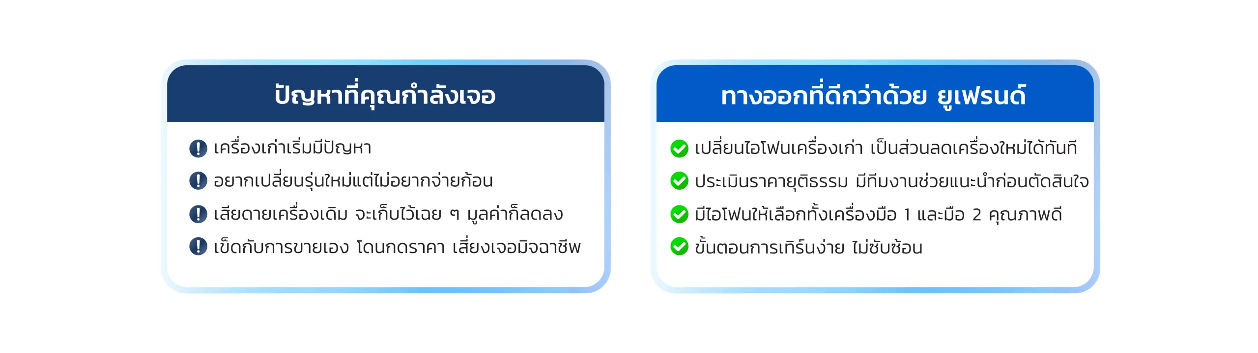 ปัญหาที่คุณกำลังเจอ เครื่องเก่าเริ่มมีปัญหา อยากเปลี่ยนรุ่นใหม่แต่ไม่อยากจ่ายก้อน เสียดายเครื่องเดิม จะเก็บไว้เฉย ๆ มูลค่าก็ลดลง เบ็ดกับการขายเอง โดนกดราคา เสี่ยงเจอมิจฉาชีพ ทางออกที่ดีกว่าด้วย ยูเฟรนด์ เปลี่ยนไอโฟนเครื่องเก่า เป็นส่วนลดเครื่องใหม่ได้ทันที ประเมินราคายุติธรรม มีทีมงานช่วยแนะนำก่อนตัดสินใจ มีไอโฟนให้เลือกทั้งเครื่องมือ 1 และมือ 2 คุณภาพดี ขั้นตอนการเทิร์นง่าย ไม่ซับซ้อน